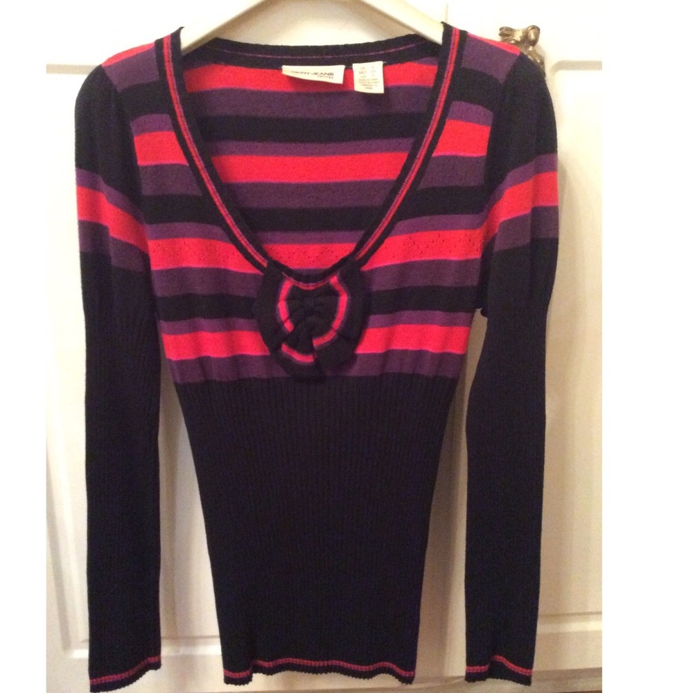 DKNY JEANS Petites Striped Knit Ribbed multicolored Long Sleeve Top Sz.S